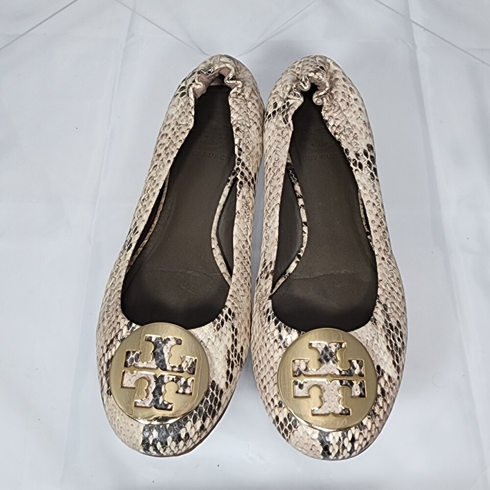TORY BURCH Reva 6.5 M Ballet Flats Ballerina Snake Skin Python Leather Gold Logo